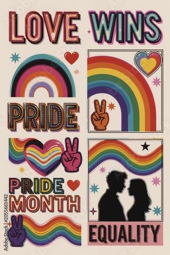 Retro seventies pride poster with rainbow waves hearts peace hands couple silhouette and warm paper texture