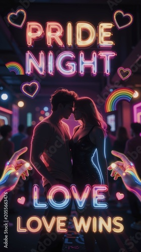 neon pride scene featuring a couple silhouette in a neon lit nightclub with rainbow hearts