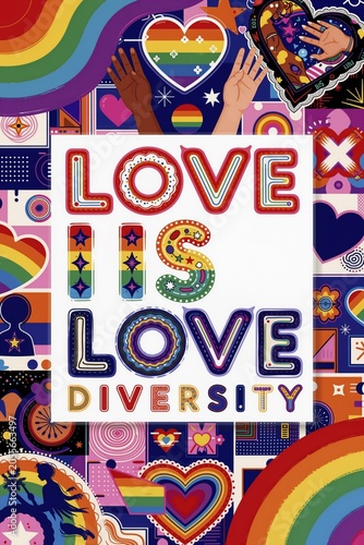 Memphis style pride poster with colorful abstract shapes rainbow hearts diverse hands and couple silhouettes