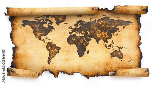 World Map Burned ancient parchment scroll 