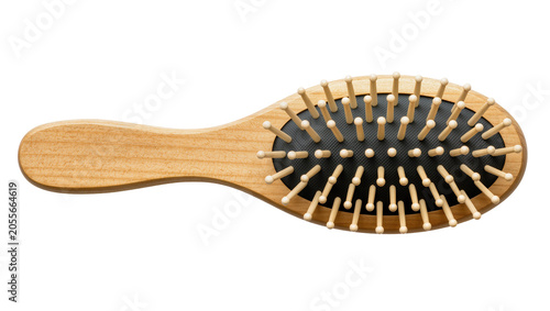 Oval wooden hairbrush with black cushion and natural wood bristles, isolated on transparent background
