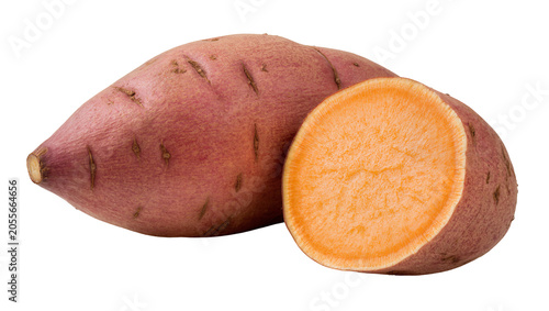 Whole and halved sweet potato with vibrant orange flesh, isolated on transparent background