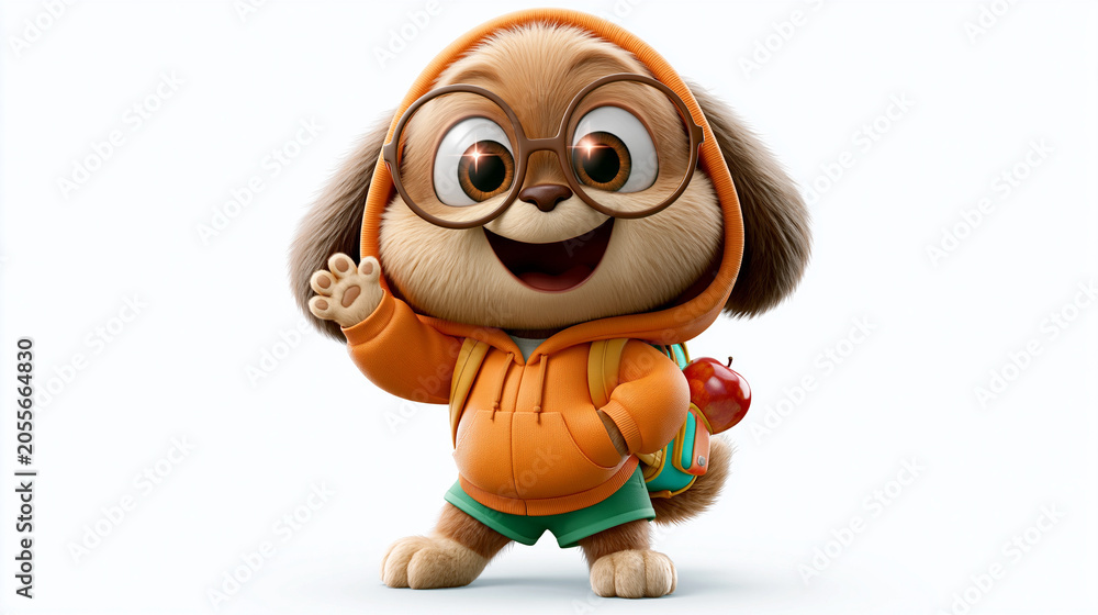 Fototapeta premium Eine süße 3D Cartoon-Hündin mit großen Augen und Brille, Schultasche am Rücken, einen Apfel und Bücher