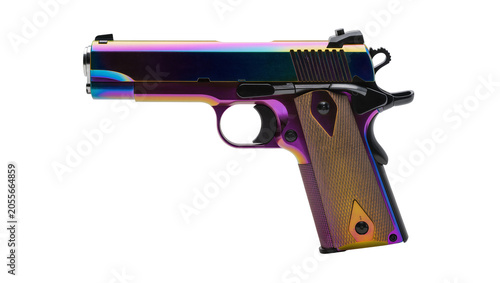 Canvastavla Colorful iridescent handgun with textured grip, isolated on transparent backgrou