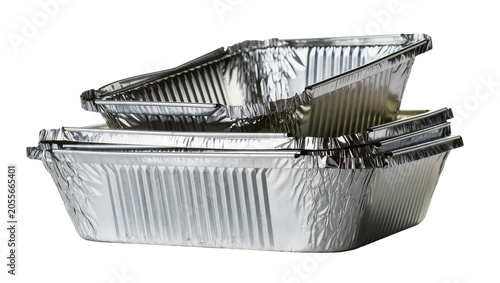 Stack of rectangular aluminum foil food containers, isolated on transparent background