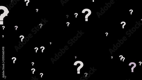 Animation of a lot of white question mark moving on black screen background motion graphic effects. Question mark in motion pattern animation.Question mark sign animation. White question marks falling