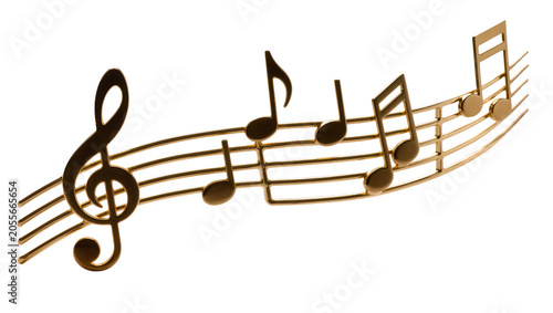 Golden treble clef and musical notes on staff, isolated on transparent background
