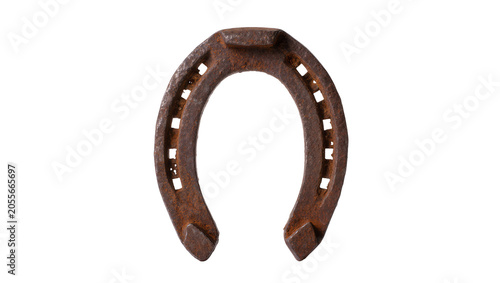 Rusty metal horseshoe with square nail holes, isolated on transparent background