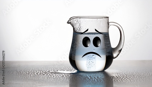 sad pitcher of water crying tears on white background