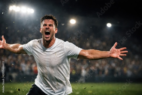 Soccer Player Celebrating Goal With Arms Open In Stadium. Football Athlete Shouting With Joy After Scoring Dramatic Match Winner. Football World Cup Concept. Soccer World Cup Concept With Copy Space.