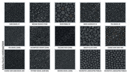 Foto Various types of gravel stone and pebble textures for landscape floor paving materials collection graphic icons
