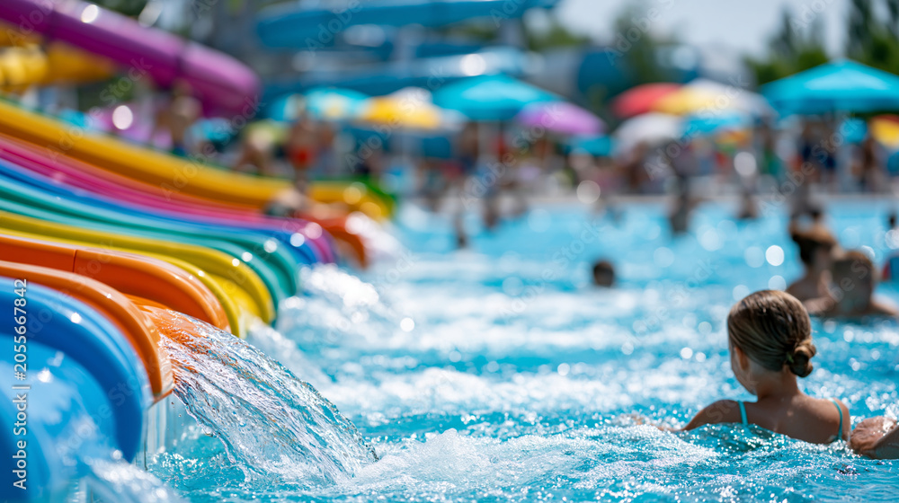 Fototapeta premium Anonymous families enjoying the warm sun at a water park with vibrant slides, a lively pool and splashing laughter on a busy summer day, faceless, defocused, with copy space