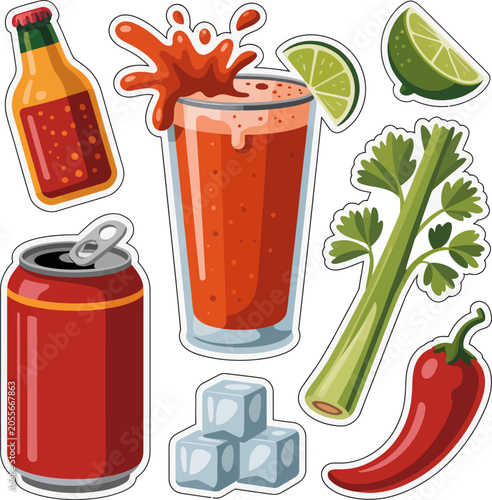 Local Flavor Spicy Michelada Can Elements Sticker Sheet, Cute Mexican Cocktail Beverage Mascot Vector