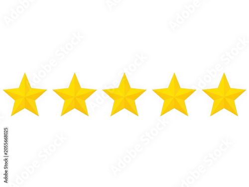 Five yellow stars arranged horizontally on white background isolated on transparent background