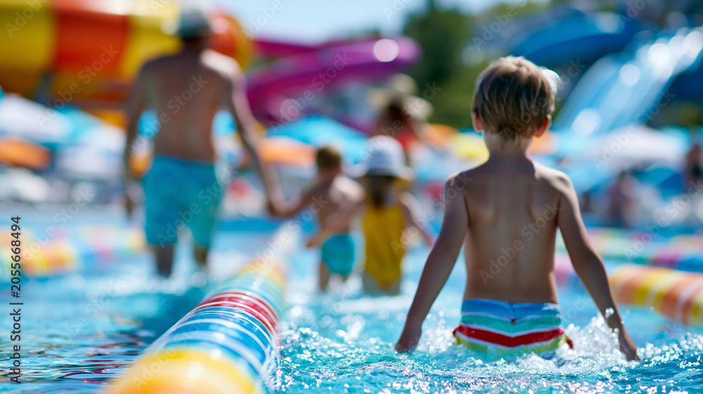 Obraz premium Anonymous happy family having fun at a water park during summer vacation, outdoor entertainment and family lifestyle concept, faceless, defocused, with copy space