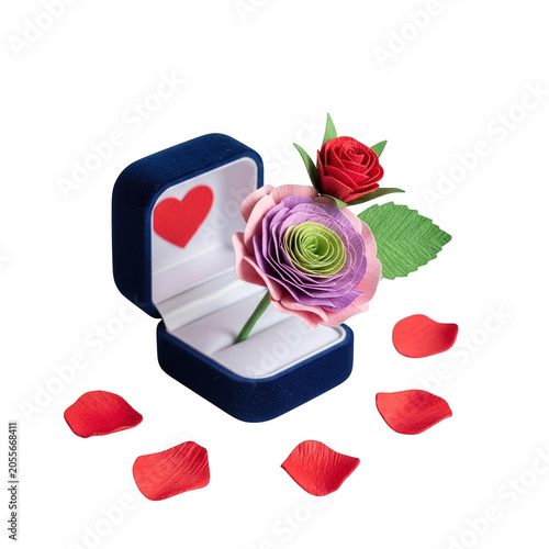 A flower and rose petals in a heart shaped jewelry box isolated on transparent background, PNG