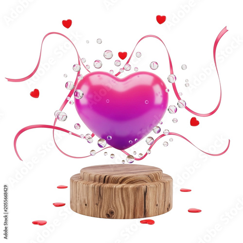 A pink heart on a wooden pedestal with ribbons and hearts isolated on transparent background, PNG