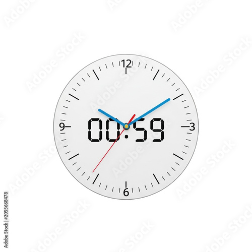 A white clock with blue and red hands and a digital display isolated on transparent background, PNG