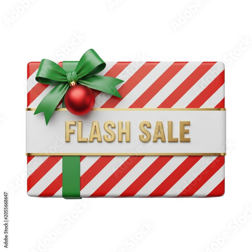 A red and white striped gift box with a green bow and flash sale text isolated on transparent background, PNG