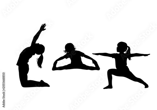 Silhouette of three people in different yoga poses isolated on transparent background, PNG