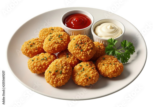 A plate of crispy fried food with dipping sauces isolated on transparent background, PNG