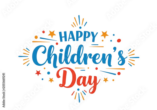 Happy children's day colorful typographic illustration isolated on transparent background, PNG