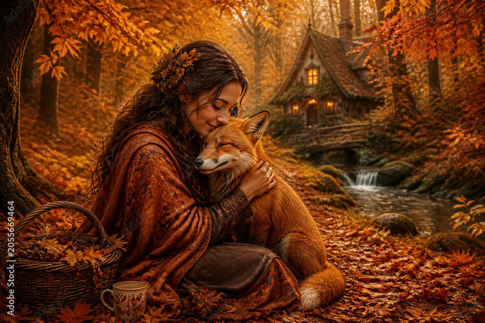 Naklejka premium Young woman embracing fox near woodland cottage in autumn