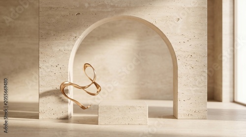 Empty stone podium with a gold ribbon against a stone arch