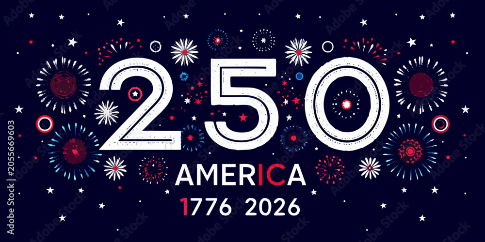 Fototapeta premium Two hundred and fiftieth anniversary illustration with fireworks and stars