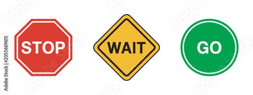 Bild auf Leinwand Stop wait go vector signs set, traffic control and action status symbols for ins