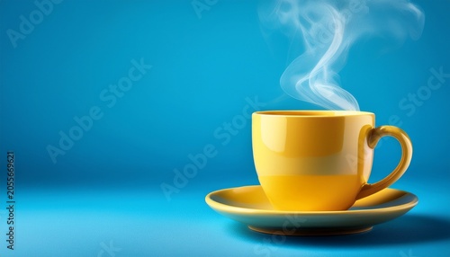 yellow hot cup of coffee with smoke on pastel blue background copy space