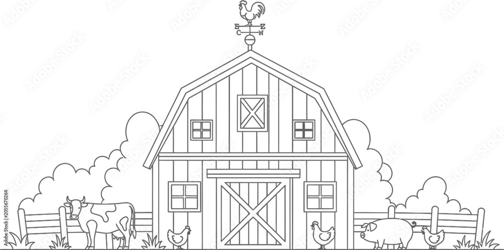 Fototapeta premium Farm scene coloring page vector drawing book with line art for kids and adults