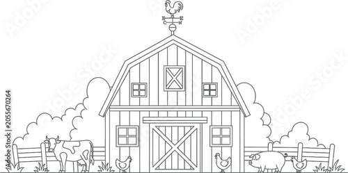 Farm scene coloring page vector drawing book with line art for kids and adults