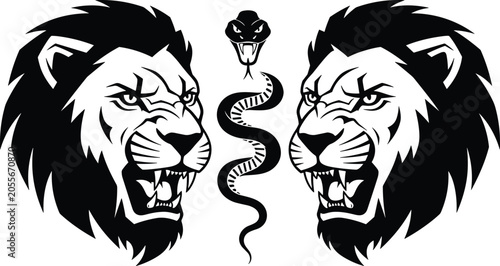 Canvastavla Lion snake confrontation silhouette flat vector illustration featuring roaring l
