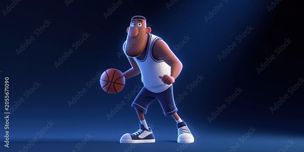 Naklejka premium basketball comical animation of basketball player dribbling and shooting the basketball
