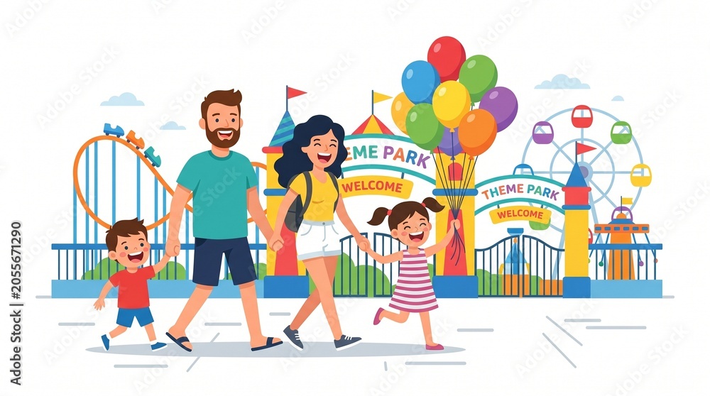 Fototapeta premium Happy family walking into a colorful theme park with rides and balloons on a sunny day