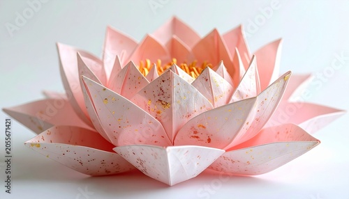 Origami Lotus Blossom: A delicate, handmade origami lotus flower in soft pink hues, showcasing intricate folded petals and a vibrant yellow center, symbolizing purity and enlightenment.