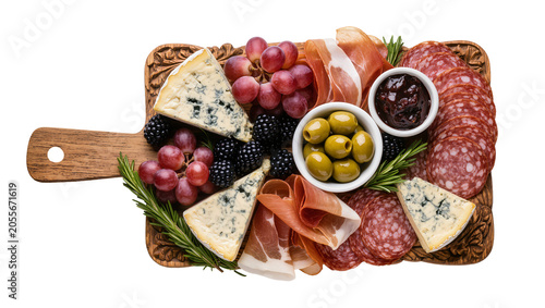 Foto Gourmet charcuterie board with blue cheese salami prosciutto olives and berries,