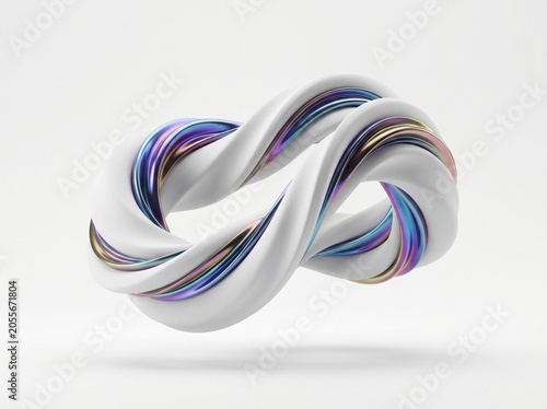 Abstract futuristic 3D shape of twisted infinity loop made of matte white ceramic and iridescent metallic chrome on white backgroun