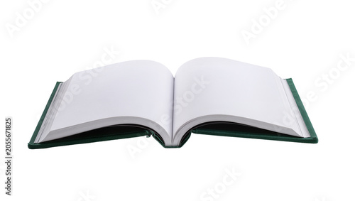 Fotografía Open green hardcover book with blank white pages, isolated on transparent backgr