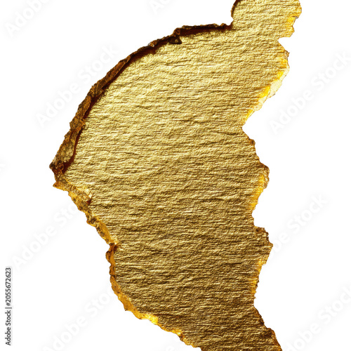 Torn piece of gold foil paper isolated on transparent background, rough edge metallic golden texture, blank luxury design element with shimmery ripped paper effect