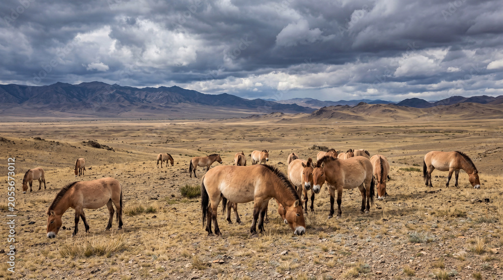 Obraz premium Herd of wild horses grazing in dry grassland under stormy sky with dramatic clouds