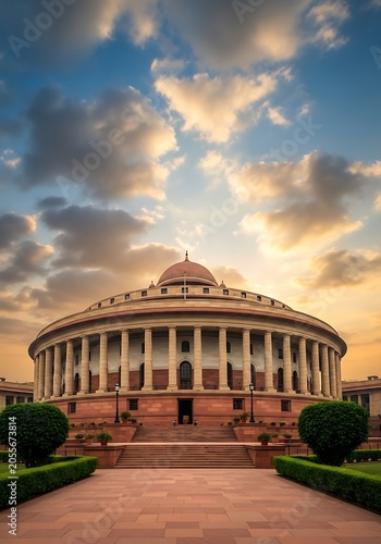 The Indian Parliament building in New Delhi with columns and dome architecture