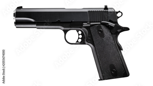 Foto Black metal semi-automatic handgun with textured grip, isolated on transparent b