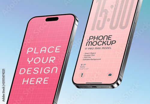 Two Floating Smartphones On Editable Background. PSD Mockup Phone Screen