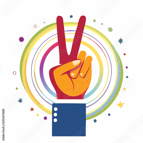 Victory Hand Gesture with Colorful Circles and Stars