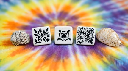 Floral ceramic tiles with seashells on a colorful tie dye background