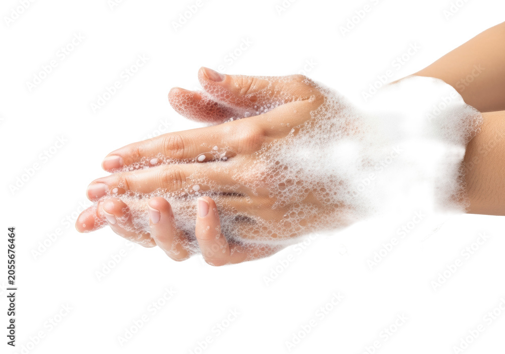 Fototapeta premium Meticulously groomed, clean, light-skinned hands rubbing, creating snow-white soap suds & iridescent bubbles against a transparent background. Concept of essential hygiene