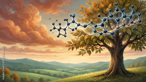 Chemical molecular structure emerging from a tree in a natural landscape illustration