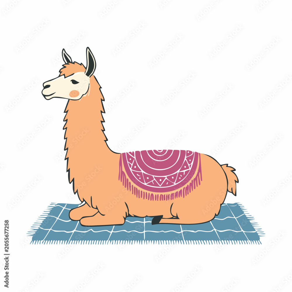 Naklejka premium Cute Cartoon Llama Sitting on a Blanket